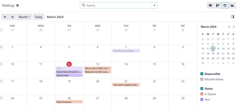 Calendar view of the mailings dashboard in the Email Marketing application.