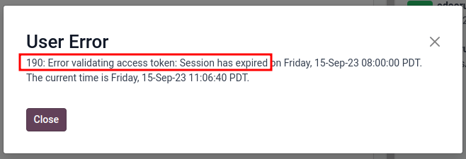 Erreur d'utilisateur générée dans Odoo lorsque le jeton expire.