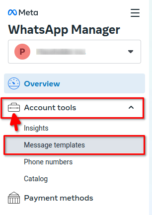 Les outils du compte mis en évidence dans le business manager avec le lien vers les modèles de messages mis en évidence.