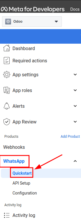 Allez à l'assistant de démarrage rapide WhatsApp dans le tableau de bord Meta for Developer.