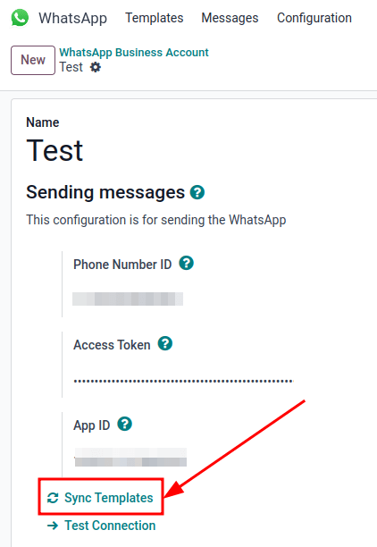 Synchronisez les modèles WhatsApp de Meta vers la base de données Odoo avec l'option 'Synchroniser les modèles' mise en évidence.