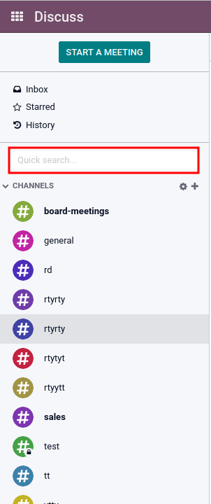 Vue de la barre latérale de Discussion mettant en évidence la barre de recherche rapide dans Odoo Discussion.