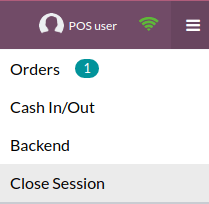 Menu déroulant permettant de fermer une session du point de vente, accéder au backend, ajouter ou retirer de l'argent ou vérifier  des commandes.