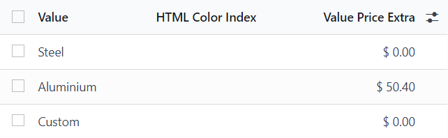 The Product Variant Values page accessible via the Configure button on a product form.