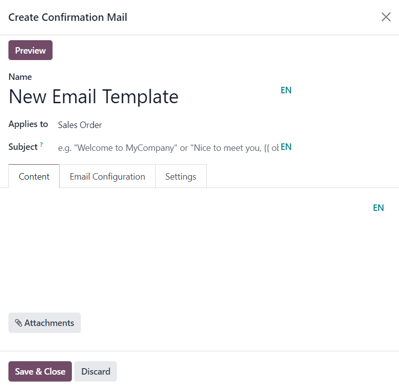 Fenêtre contextuelle permettant de créer un email de confirmation à partir du formulaire de modèle de devis dans Odoo Ventes.