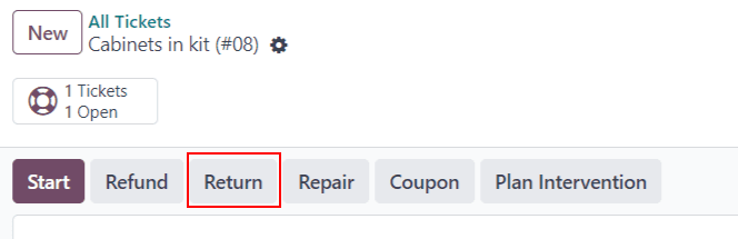 Vue d'un ticket d'assistance avec le bouton de retour mis en évidence.