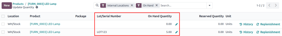 Fill in the "Lot/Serial Number" and "On Hand Quantity" field.