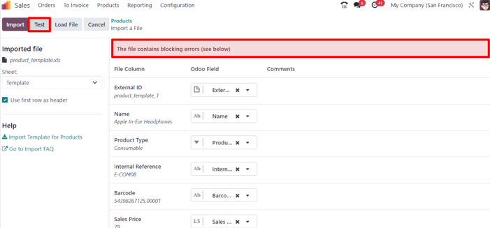 The import error message that appears if file columns don't match an Odoo Field.