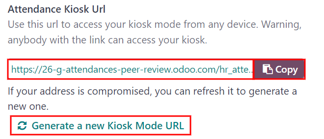 The Attendances Kiosk URL field in the settings section of the Attendances application.