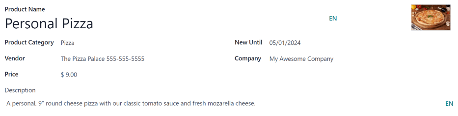 A product form filled out for a nine inch pizza.