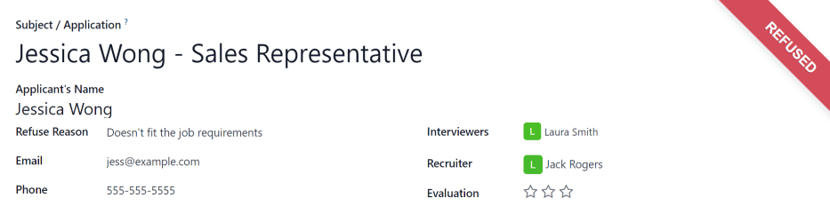 An applicant's card with the refused banner appearing in the top-right corner in red.