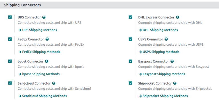 Odooで利用可能な配送コネクタのオプション。