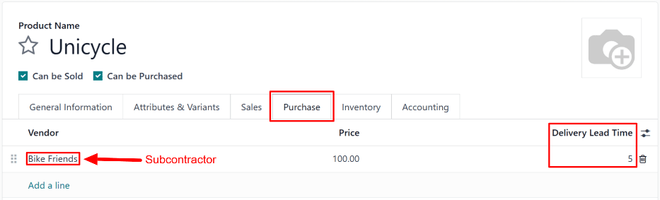 The Delivery Lead Time field for a subcontractor, on the Purchase tab of a product page.