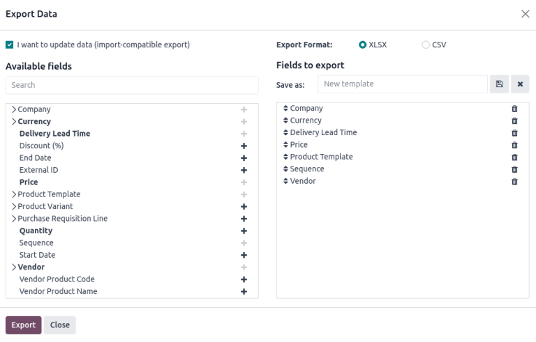 Exporting vendor pricelist.