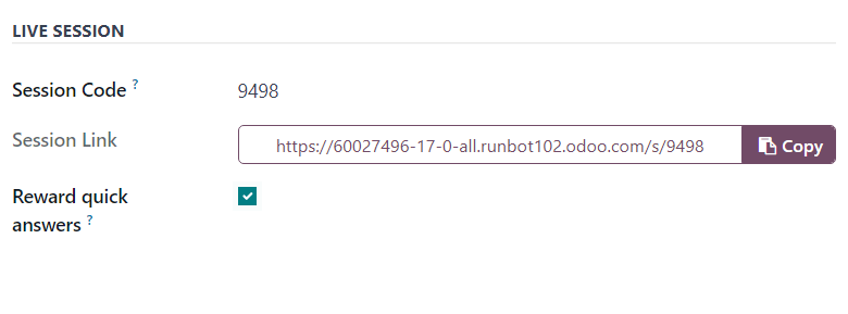 The Live Session section of the Options tab on a survey form in Odoo Surveys.