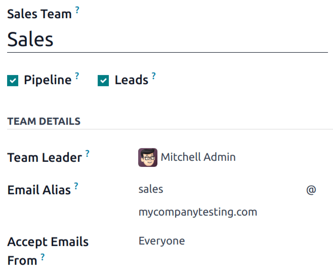 The sales team details page, focused on the email alias section.