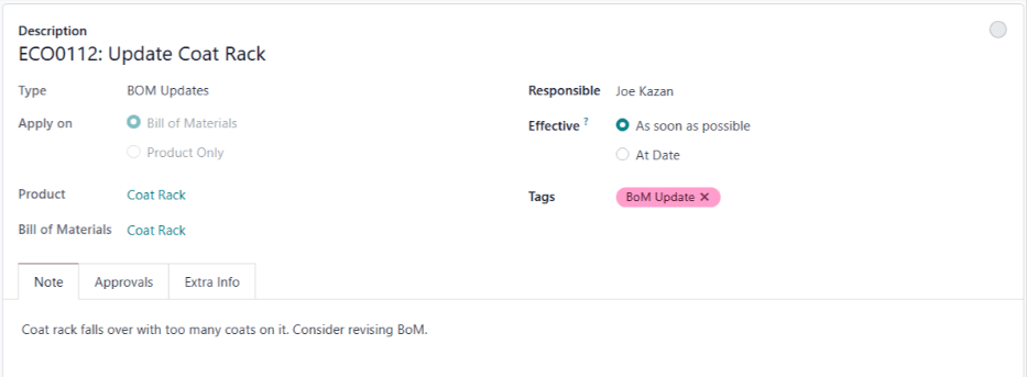 An ECO created to update the coat rack product's BoM.
