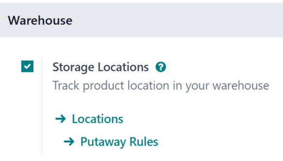 The Storage Locations setting on the Inventory app settings page.