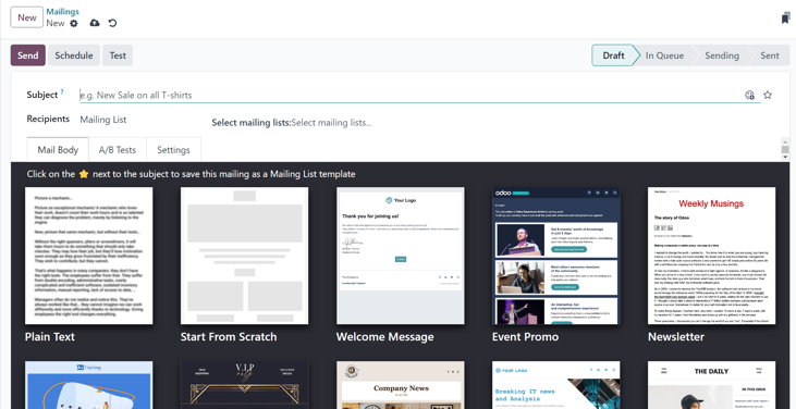 Odoo 이메일 마케팅 애플리케이션의 빈 이메일 세부 양식 화면