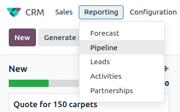 CRM 앱을 열고 상단의 보고 탭을 클릭한 다음 파이프라인을 클릭합니다.