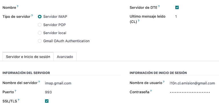 Incoming email server configuration for Chilean DTE.