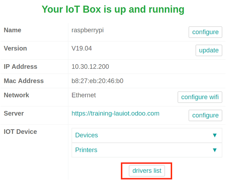 Visualização das configurações da IoT box e da lista de drivers.