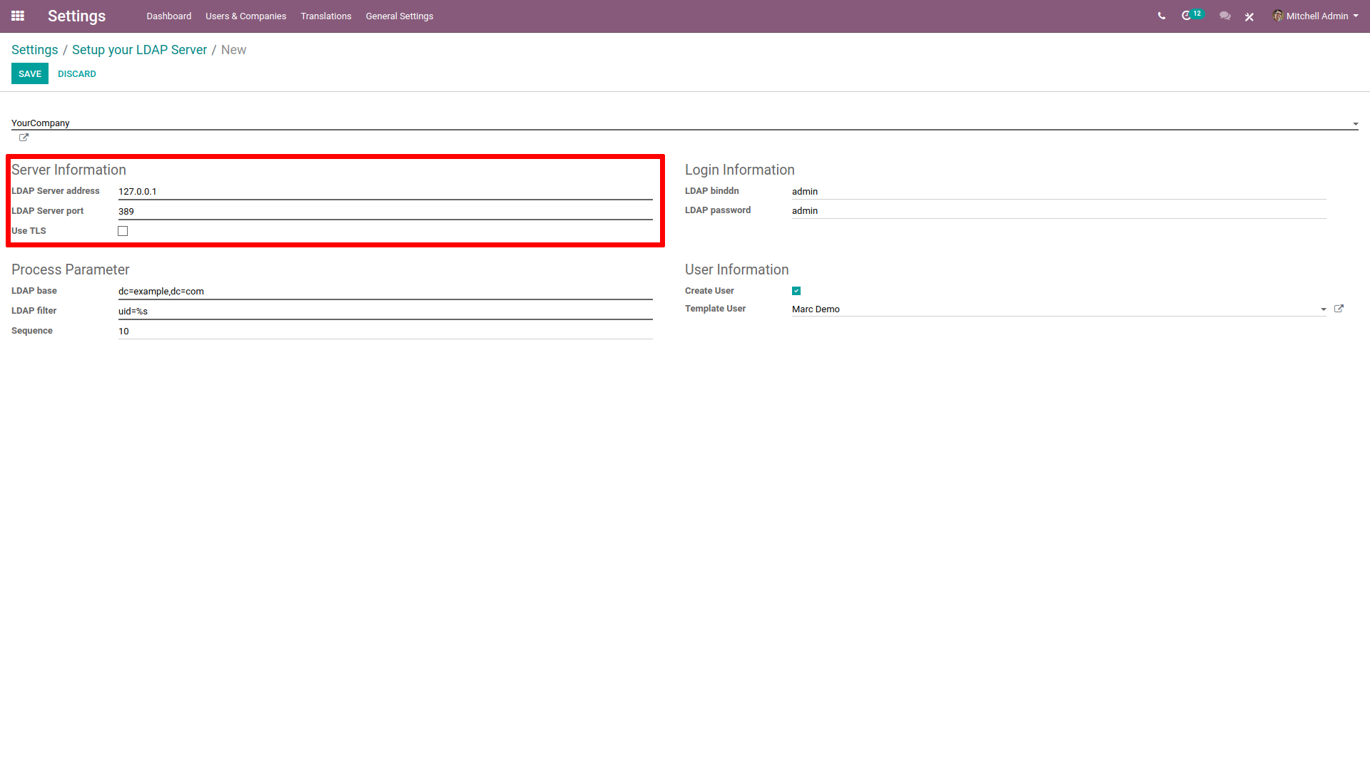 Definições do servidor LDAP destacadas na configuração do servidor LDAP no Odoo.