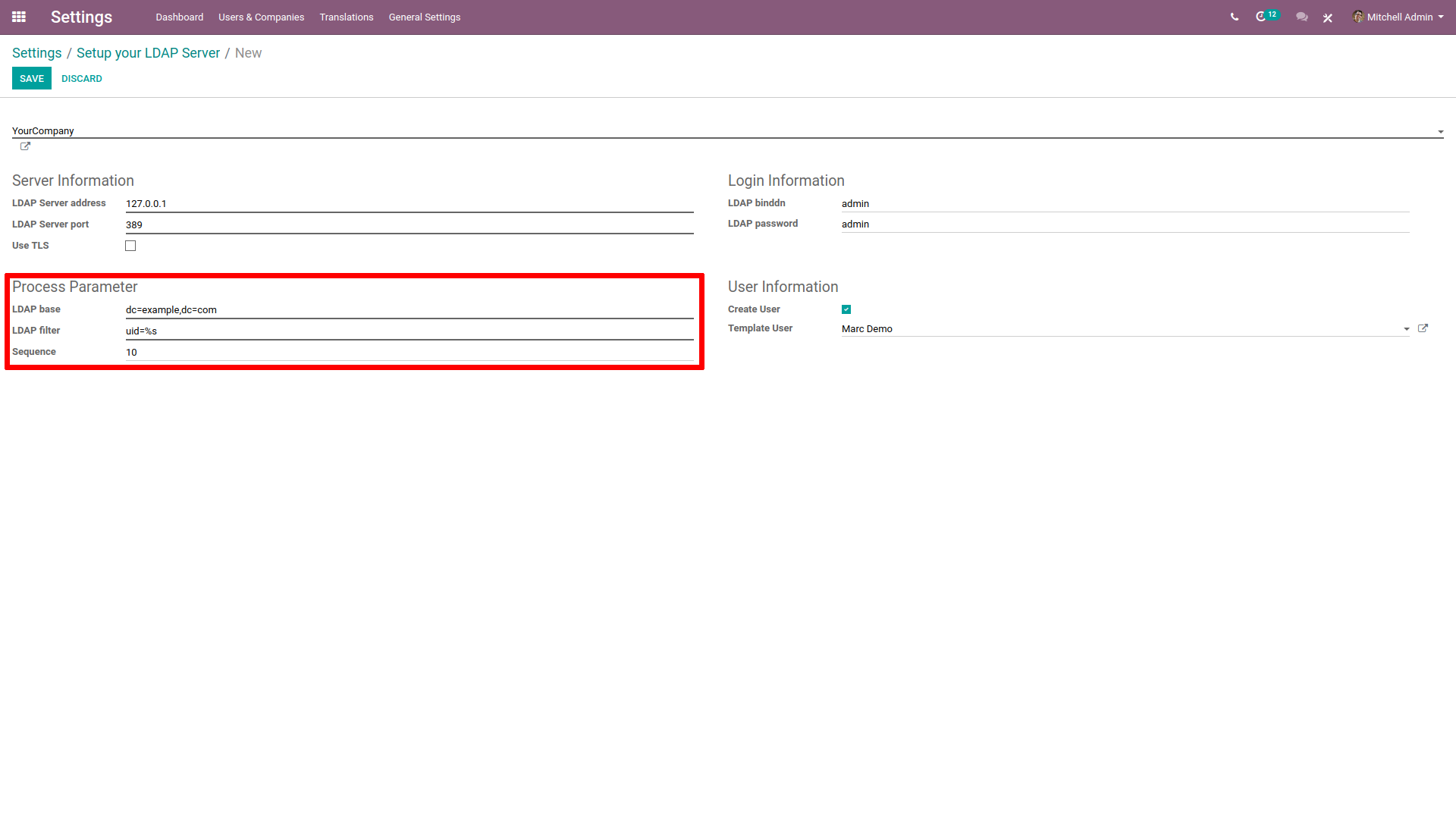 Parâmetro do processo destacado na configuração do servidor LDAP no Odoo.