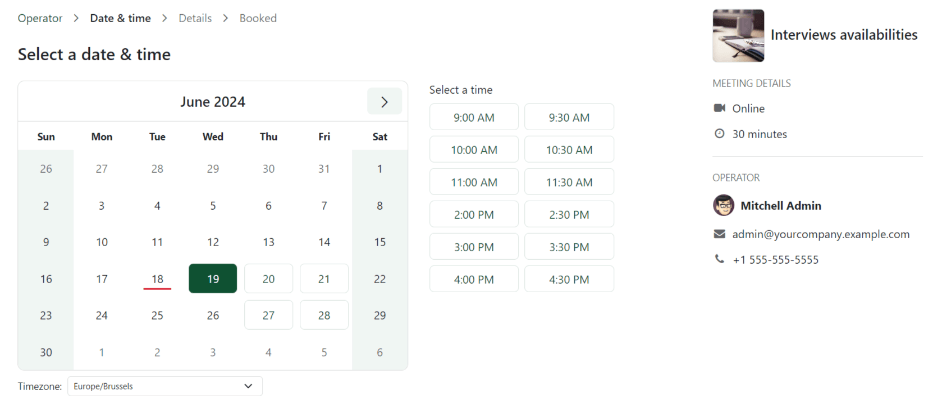 A tela do calendário com datas e horas para marcar uma entrevista.