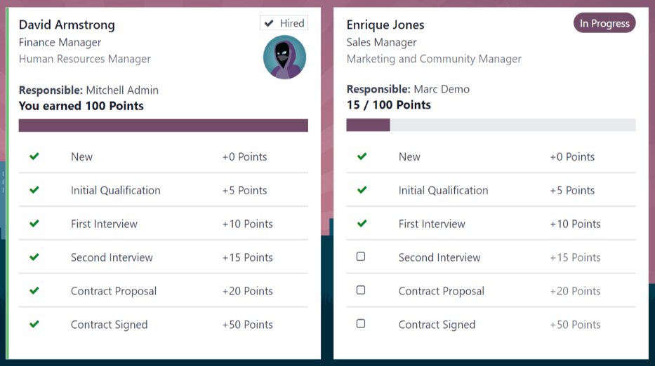 Dois cartões de indicação, um contratado e outro em andamento.