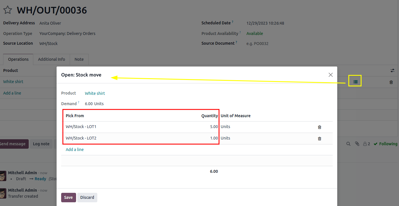 Dois lotes sendo reservados para um pedido de vendas com a estratégia PEPS.