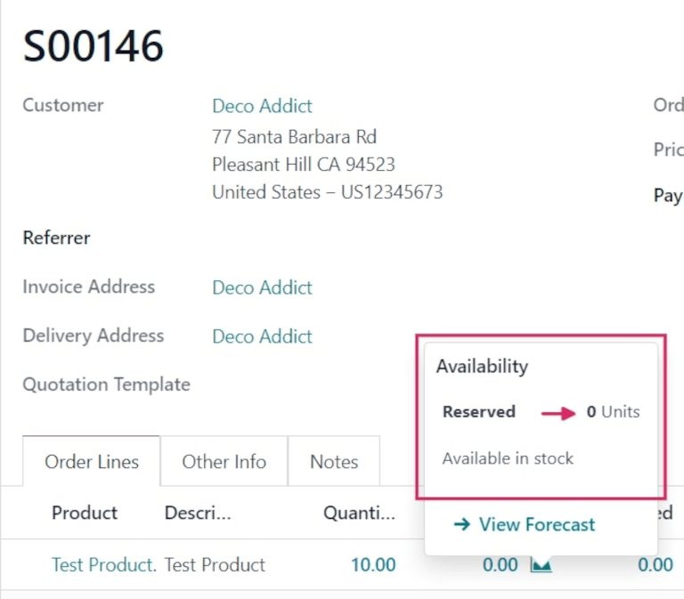 Pedido de vendas confirmado com a dica de ferramenta de disponibilidade do produto selecionada.