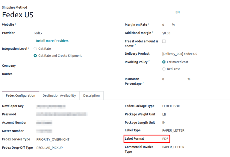 Campo *Tipo de etiqueta* na página de configuração do método de envio FedEx.