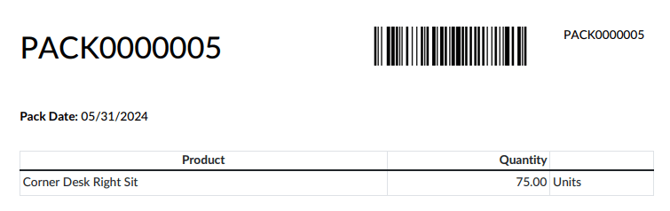 Formulário de conteúdo da embalagem mostrando o conteúdo da embalagem, o código de barras e a data da embalagem.