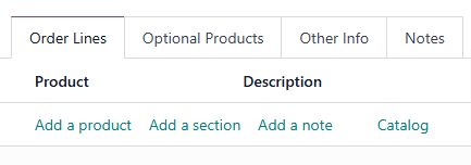 The "Catalog" button on the "Order Lines" tab of a sales quotation.