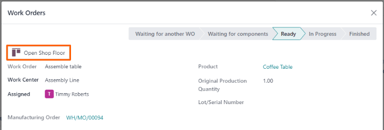 O botão Abrir Chão de fábrica de uma ordem de trabalho em uma ordem de produção.
