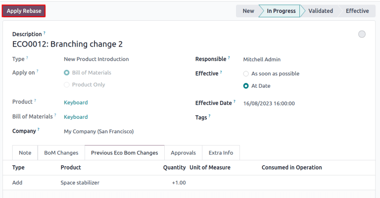 Clique no botão *Aplicar ajuste de base* para atualizar a lista de materiais para que corresponda à lista de materiais de produção.