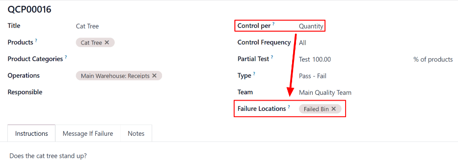 Um formulário de PCQ no aplicativo Qualidade, configurado com um local de falha.