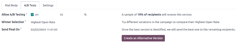 A aba "Testes A/B" com a caixa "Permitir testes A/B" marcada para criar uma versão alternativa.