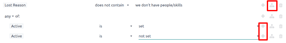 Um par de regras de filtro "Corresponde a qualquer uma das" que inclui leads ativos e inativos.