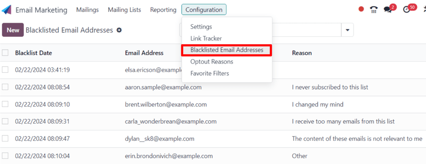 Visualização da página de endereços de e-mail na lista de bloqueio no Odoo Marketing por e-mail.