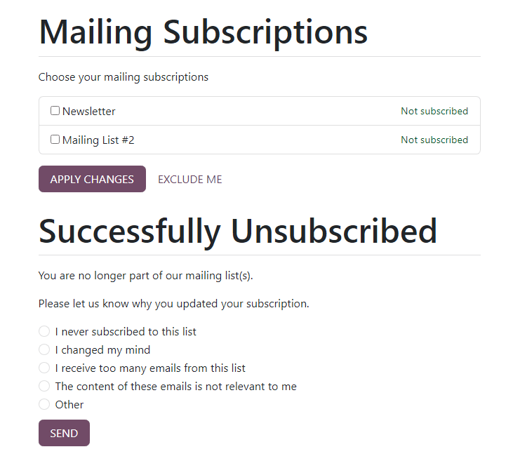 A página de inscrição de comunicações que aparece ao clicar no link "Cancelar inscrição" na comunicação.