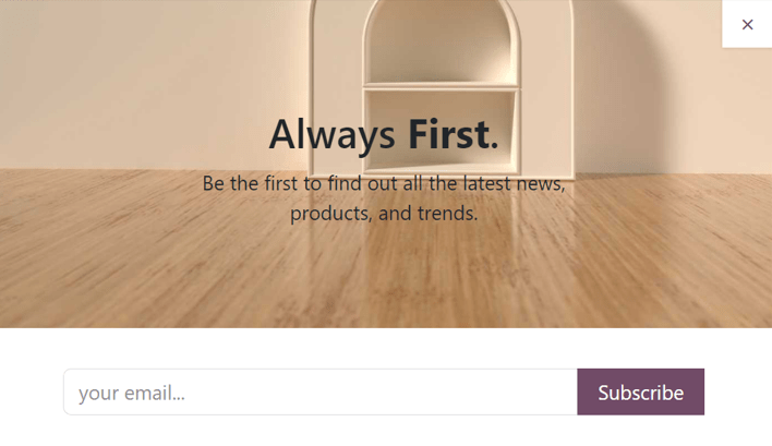Exemplo de como um bloco de pop-up de newsletter aparece em um site da Odoo.