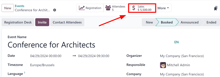 Visualização do formulário de um evento e do botão inteligente de vendas no Odoo Eventos.