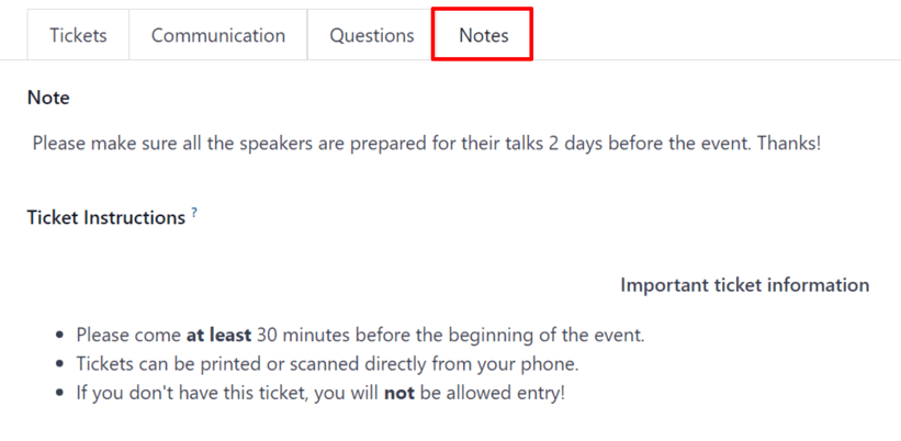 Aba de notas em um formulário de evento no aplicativo Odoo Eventos.