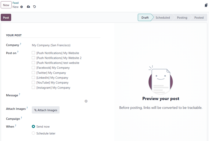 Página de detalhes de publicação de rede social em branco no Odoo Marketing de redes sociais.