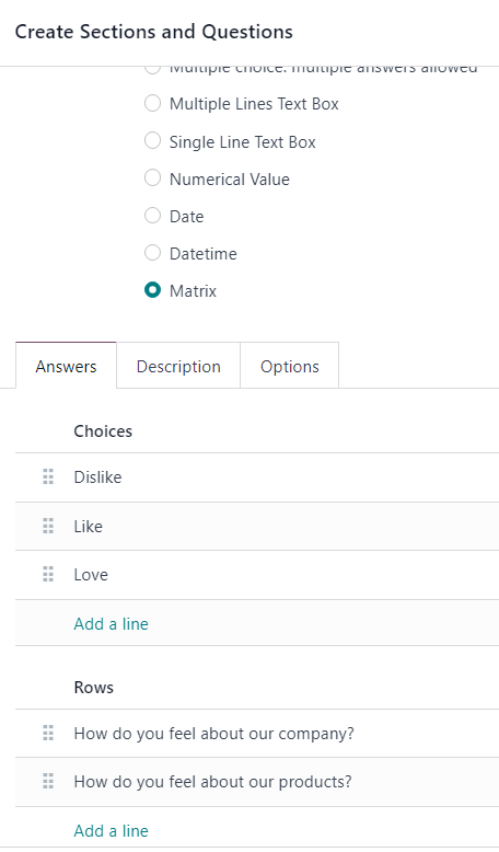 A aba de resposta com o tipo de pergunta Matriz selecionado no Odoo Pesquisas.