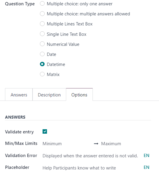 A seção de respostas da aba de opções quando é selecionado o tipo de pergunta de caixa de texto de linha única.