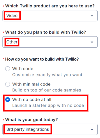 A página de boas-vindas da Twilio.