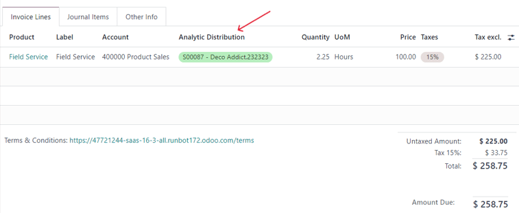 Rascunho da fatura mostrando o tempo gasto no pedido de vendas no Odoo Vendas.